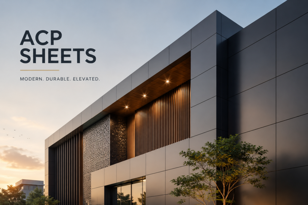 Modern building facade featuring ACP sheets and architectural louvers